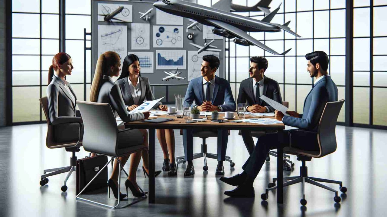 A high-definition, realistic portrayal of a professional business environment, specifically at a large aerospace company's conference room, where new leaders - a Hispanic female CEO, a South Asian male CFO, and a Middle-Eastern female COO - are gathered around a table discussing major changes. They're surrounded by charts, diagrams, and models of aircraft, signifying their strategic decisions for the company's future.