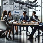 A high-definition, realistic portrayal of a professional business environment, specifically at a large aerospace company's conference room, where new leaders - a Hispanic female CEO, a South Asian male CFO, and a Middle-Eastern female COO - are gathered around a table discussing major changes. They're surrounded by charts, diagrams, and models of aircraft, signifying their strategic decisions for the company's future.