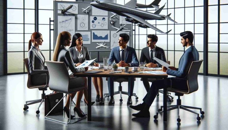 A high-definition, realistic portrayal of a professional business environment, specifically at a large aerospace company's conference room, where new leaders - a Hispanic female CEO, a South Asian male CFO, and a Middle-Eastern female COO - are gathered around a table discussing major changes. They're surrounded by charts, diagrams, and models of aircraft, signifying their strategic decisions for the company's future.