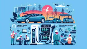 Illustrate an HD quality image showcasing the surge of electric vehicles (EV). Display an increased interest in electric vehicles with charging stations, vehicles plugged in, and engineers working on developing new technology. Also, include various challenges such as shortage of charging infrastructure, the need for improved battery technology, and the environmental impact of discarded batteries.