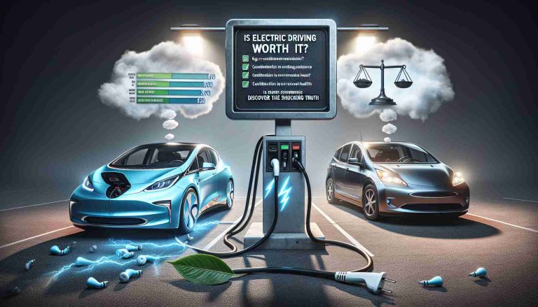 A highly detailed realistic image conveying the concept of the value and truth behind electric driving. The larger foreground features an electric car plugged into a charging station, its sleek, modern design contrasting with a more gas-consumptive vehicle in the background. Lightning bolts symbolize the electric energy, with a thought bubble popping from the charging station, showing a balance scale with pros and cons of electric emission, energy expenses and contribution to environmental health. Text overlays the image, posing the question: 'Is Electric Driving Worth It? Discover the Shocking Truth'.