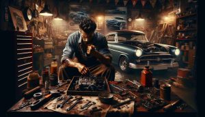 Create a realistic, high-definition image of a scene showcasing a man's passion for cars. It could include him working on a vintage car in his garage, surrounded by tools, grease, and mechanical parts. His clothes covered in oil stains, the intense concentration on his face highlighting his love and dedication for the craft. Car posters and figurines are scattered around, illuminating the depth of his obsession with automobiles.