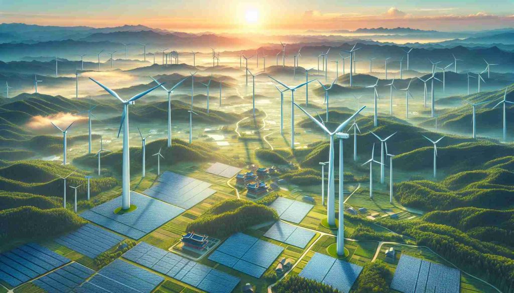 Generate a high-definition, realistic image that represents the future of renewable energy in China. Illustrate advanced wind turbines towering above lush landscapes, solar panels spreading across the vast stretches of land, and other prominent signs of renewable technologies. The stunning modern engineering feats should coexist harmoniously with traditional architecture, offering a glimpse of China's commitment to sustainable growth and a greener future.