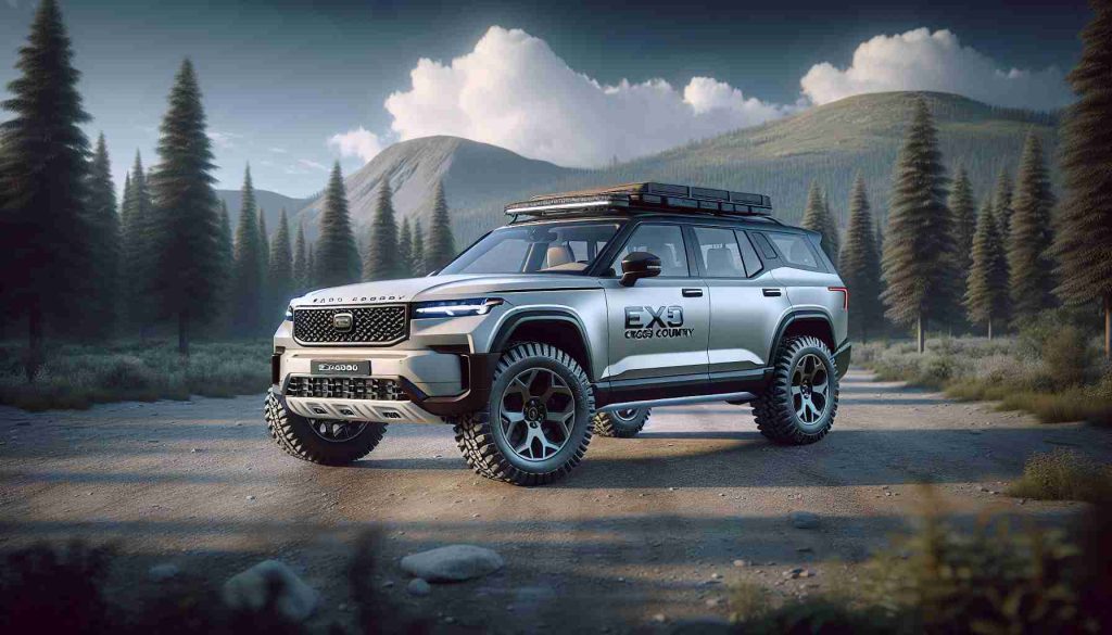 A high definition, realistic image of a brand new model of a large, robust adventure vehicle. It's labeled as 'EX30 Cross Country', and it exudes a sense of readiness for exploration. The vehicle sits under an open sky, preferably with a setting that suggests outdoor adventure - perhaps in front of a mountain range, or poised at the edge of a dense forest. The vehicle's color and style are reminiscent of popular Scandinavian auto designs, expressing a refined balance between luxury and utility.