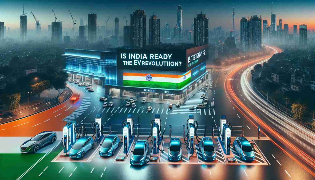 Create a high-definition, realistic image that portrays the concept of Electric Vehicle (EV) revolution in India. Depict a futuristic Indian cityscape where electric cars are prominently seen on the roads, along with charging stations. The scene should reflect the modern and sustainable infrastructure being developed for this new mode of transport. Overlay the image with text saying 'Is India Ready for the EV Revolution? Electric Cars Are Poised to Take Over'.