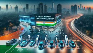 Create a high-definition, realistic image that portrays the concept of Electric Vehicle (EV) revolution in India. Depict a futuristic Indian cityscape where electric cars are prominently seen on the roads, along with charging stations. The scene should reflect the modern and sustainable infrastructure being developed for this new mode of transport. Overlay the image with text saying 'Is India Ready for the EV Revolution? Electric Cars Are Poised to Take Over'.