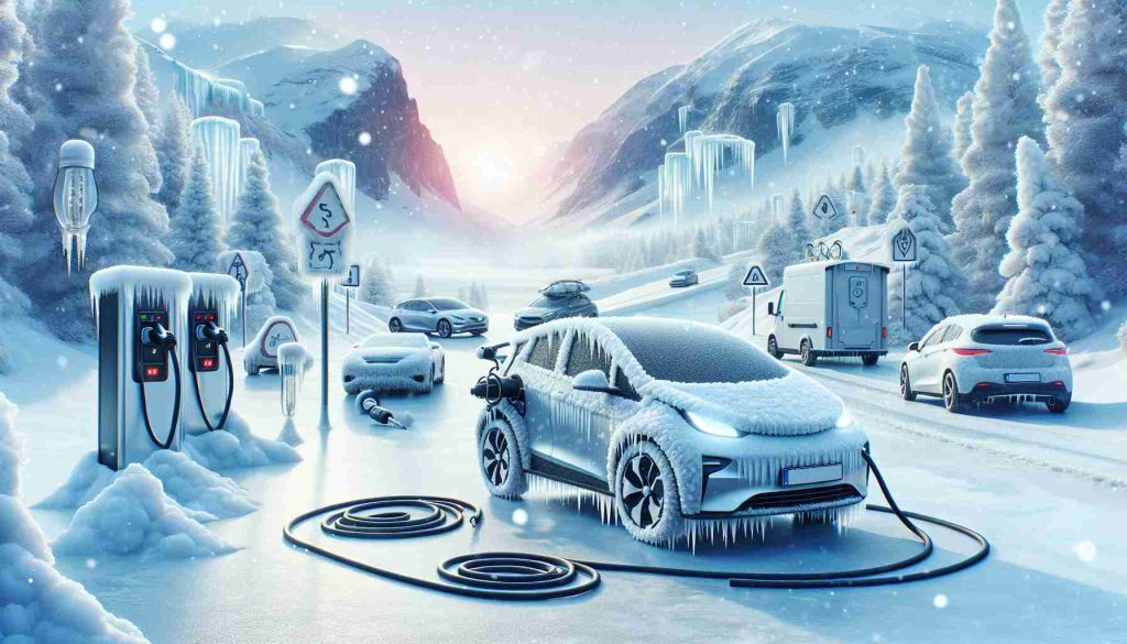 Generate an ultra-realistic HD image that embodies the essence of winter. This scenic imagery should include snowflakes lightly falling down amidst a chilly, frost laden landscape with icicles glistening in the pale sunlight. Intertwined within this winter scene, show various electric vehicles (EVs) on a snowy road. Emphasize the care given to them in this freezing weather. Additional elements could include a car with insulated charging cables, a snow-covered EV with a sturdy car-cover, a plug-in EV with thermal battery management systems and tire chains for extra grip on icy roads.