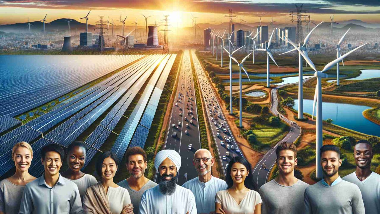 A high-definition, realistic photograph portraying the future of electricity in Andhra Pradesh, India. The image reveals a scene that could be a game-changer on the horizon. It may include hundreds of advanced solar panels stretching across vast fields under the radiant Indian sun, wind turbines spinning gracefully along the coast, and cutting-edge electric infrastructure in a progressive urban setting. Residents with various descents like South Asian, Caucasian, Hispanic, Black, Middle-Eastern, and White are superimposed on the image, all smiling at the promising, sustainable future.