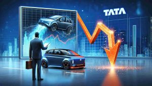 A high-definition, realistic-style image illustrating the concept of a significant downturn, represented by a plummeting arrow or a graph showing decreased value. Alongside this, an image of Tata Motors is depicted with sparks of hope and recovery, symbolized by their new and innovative electric vehicles (EVs) set to be launched. The EVs should look futuristic and sleek, signaling a potential comeback for the company.