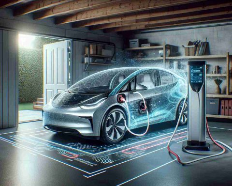 A high-definition, realistic image of a revolutionary change happening inside a home garage. There's a sleek, modern electric car nestled inside, connected to a charging station. It's being updated with new innovative software, represented by lines of code and unique patterns swirling around the car.