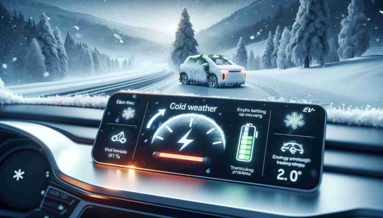 Realistic high-definition visualization that represents the concept of cold weather affecting an electric vehicle (EV). The scene should show a snowy environment, where the battery symbol on the dashboard of an electric car shows reduced power or typical problems. Include infographics or annotations in the image to suggest potential solutions or depict the myth-busting aspects of the issue.