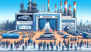 Create an image of a large manufacturing industry labeled 'JSW Shocks' under a clear blue sky. On the side, there should be a billboard announcing the launch of a new Electric Vehicle (EV) and another billboard announcing the Initial Public Offering (IPO) of a cement company. Please incorporate elements like modern buildings, sophisticated machinery, an electric vehicle about to be unveiled under a cloth cover, and workers of varied descents and genders working together happily.