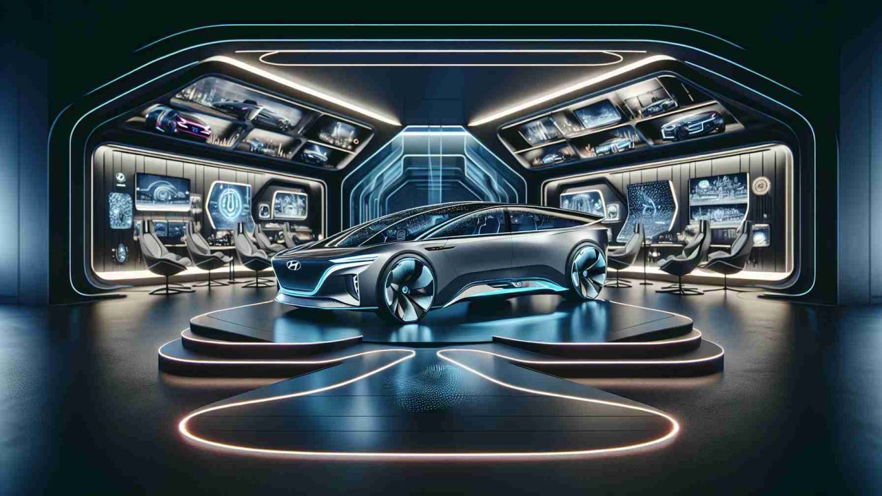 Generate a high definition image illustrating the concept of future family travel. Visualize a stunning, luxurious electric vehicle, with striking futuristic design elements akin to those found in the latest Hyundai models. Include features such as sharp angles, clean lines, intuitive interior design showcasing advanced technology and eco-friendly vehicle technologies.