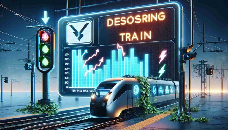 Generate a realistic, high-definition image representing the concept of discovering promising electric vehicle (EV) stocks, symbolized by a missed train metaphor. This could include a digital train sign indicating missed departures, alongside a glowing billboard showing a graph trending upwards with symbols of various EV companies. Include subtle references to electric power such as lightning bolts or charging icons.