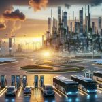 Realistic, high-definition photo of the dawning of a new era for electric vehicle fleets. Picture a futuristic cityscape in the backdrop with vertically stacked roads and renewable energy infrastructures, like solar panels and wind turbines. Foreground showcases a variety of electric vehicles, including buses, taxis, and trucks, charging at a futuristic charging station. The sky is adorned with a mix of the setting sun and the glow of city lights, signifying the advent of a new era.