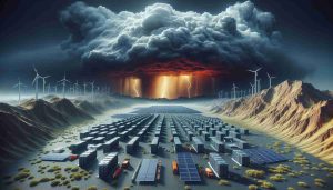 Realistic high-definition image illustrating the concept of a massive project of energy storage taking Australia by storm. Visualize large batteries or energy storage units scattered across the terrain, under the ominous clouds of a storm. Solar panels and wind turbines to signify renewable energy sources. It's an era of technological advancement in the field of energy storage, contributing massively to clean and sustainable power solutions. Mountains and other Australian landscapes can be part of the backdrop for context.