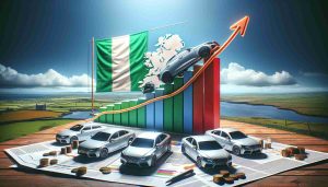 An ultra-high-definition, realistic illustration of an auto market growth graph. The graph should display a dominance in sales by a non-specific, but prominently featured car brand, symbolized as a rising onto the top position in Ireland’s car market - suggesting an unexpected surge of this automobile company. The scene should also have the backdrop of a symbolic Irish landscape, perhaps accompanied by a local flag.