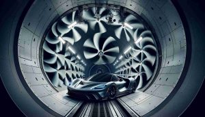 A high-definition, realistic image of a sleek and dynamic sports car inside a wind tunnel. The sleek lining and sharp angles of the car are engineered for maximum speed and efficiency. The wind tunnel itself is a marvel of engineering with large propellers and advanced aerodynamic design to simulate various wind conditions. The sophisticated machinery illustrates the flow of air around the vehicle, showcasing the beauty of aerodynamics.