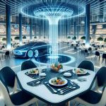 Generate a high-definition, realistic image of a conceptual futuristic dining experience inspired by the innovation and design aesthetics of cutting-edge electric vehicular technology, such as the unique features seen in advanced electric cars.