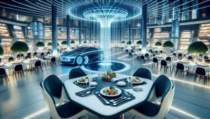 Generate a high-definition, realistic image of a conceptual futuristic dining experience inspired by the innovation and design aesthetics of cutting-edge electric vehicular technology, such as the unique features seen in advanced electric cars.