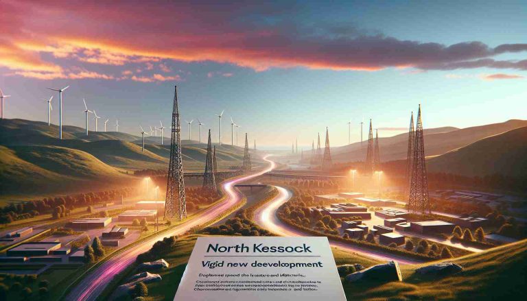 Create a high-definition and realistic representation of a vivid new development appearing on the landscape's horizon. The scene encompasses excitement and the prospect of innovation, demonstrated by upgraded architecture and infrastructures. Include signage indicating the location, North Kessock, and clues hinting at a hopeful and positive future for this locality.