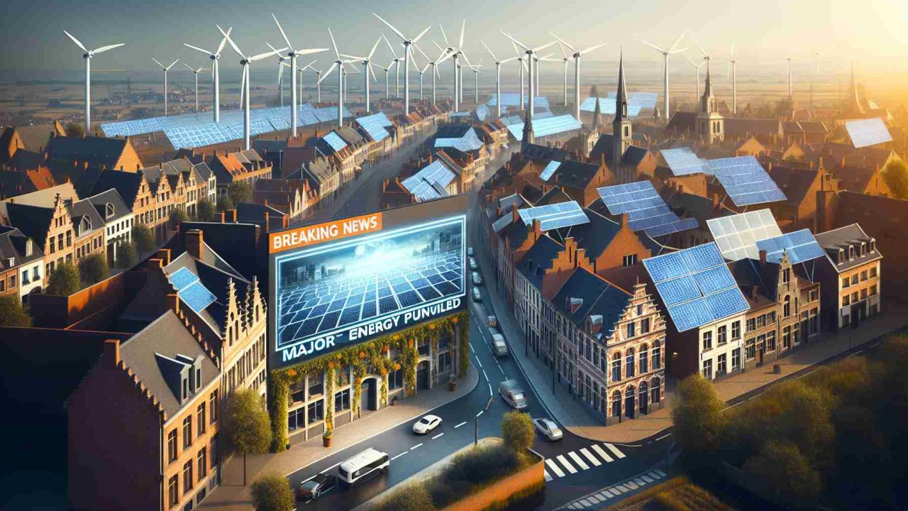 Generate a realistic high-definition image depicting a fictional major energy project by a leading electrical vehicle and sustainable energy company set in Belgium. Illustrate high-tech wind turbines and extensive solar panel arrays on the outskirts of a picturesque Belgian town, beautifully contrasting the old-world architecture of brick buildings and cobblestone streets. Also, include a large screen displaying the breaking news with a headline 'Major Energy Project Unveiled' as the focal point of the image.