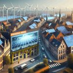 Generate a realistic high-definition image depicting a fictional major energy project by a leading electrical vehicle and sustainable energy company set in Belgium. Illustrate high-tech wind turbines and extensive solar panel arrays on the outskirts of a picturesque Belgian town, beautifully contrasting the old-world architecture of brick buildings and cobblestone streets. Also, include a large screen displaying the breaking news with a headline 'Major Energy Project Unveiled' as the focal point of the image.