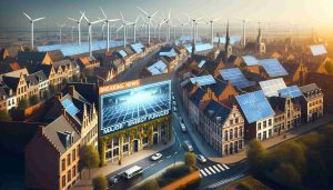 Generate a realistic high-definition image depicting a fictional major energy project by a leading electrical vehicle and sustainable energy company set in Belgium. Illustrate high-tech wind turbines and extensive solar panel arrays on the outskirts of a picturesque Belgian town, beautifully contrasting the old-world architecture of brick buildings and cobblestone streets. Also, include a large screen displaying the breaking news with a headline 'Major Energy Project Unveiled' as the focal point of the image.