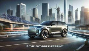 A realistic HD photo depicting the forward-looking concept of future electric vehicles. Focus on the representative design of an ambitious, not-yet-realized SUV model, taking inspiration from the sturdy and luxurious design language of vehicles like Land Rovers. The SUV is positioned in a setting that implies progress and innovation, perhaps a sleek, modern cityscape backdrop with renewable energy sources visible. There should be a banner or headline somewhere in the image saying 'Is the Future Electric?'. The vehicle itself should look advanced, with an aerodynamic shape and the signature traits of an electric vehicle such as the absence of an exhaust pipe.