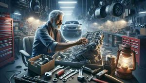 Detailed visual representation of an automotive wizard, a prominent mechanic in their workshop, surrounded by car parts and tools. The individual is Caucasian, balding with graying hair on the sides. He is absorbed in examining an engine part, reflecting his deep passion for automobiles. The picture should convey the atmosphere of a busy garage, filled with things like spanners, jack stands, creeper seats, and car parts, all illuminated under a bright light. The image should have a realistic HD look to it.