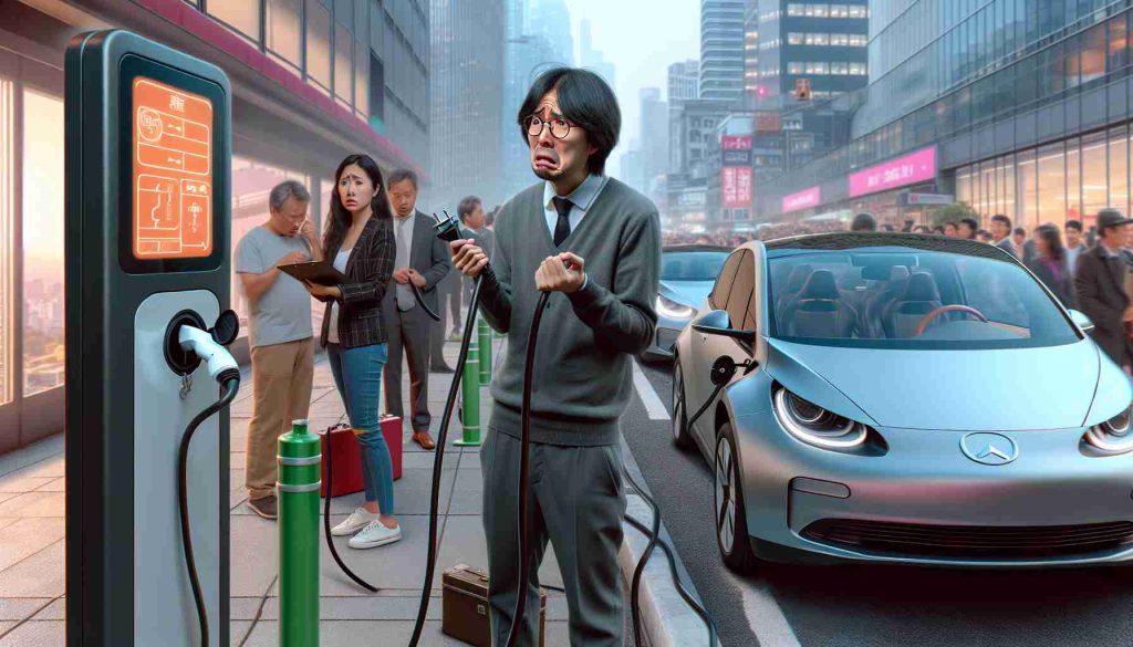 Generate a hyper-realistic, high-definition image depicting the common struggle of charging an electric vehicle. The scene includes an Asian man perplexed by an electric vehicle charging station interface, a Caucasian woman waiting impatiently in a queue of electric cars, and a Black man troubleshooting a malfunctioning charging cable against a backdrop of a bustling city. Please capture the sense of frustration and the dense urban environment.