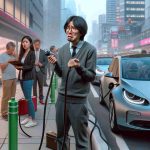 Generate a hyper-realistic, high-definition image depicting the common struggle of charging an electric vehicle. The scene includes an Asian man perplexed by an electric vehicle charging station interface, a Caucasian woman waiting impatiently in a queue of electric cars, and a Black man troubleshooting a malfunctioning charging cable against a backdrop of a bustling city. Please capture the sense of frustration and the dense urban environment.