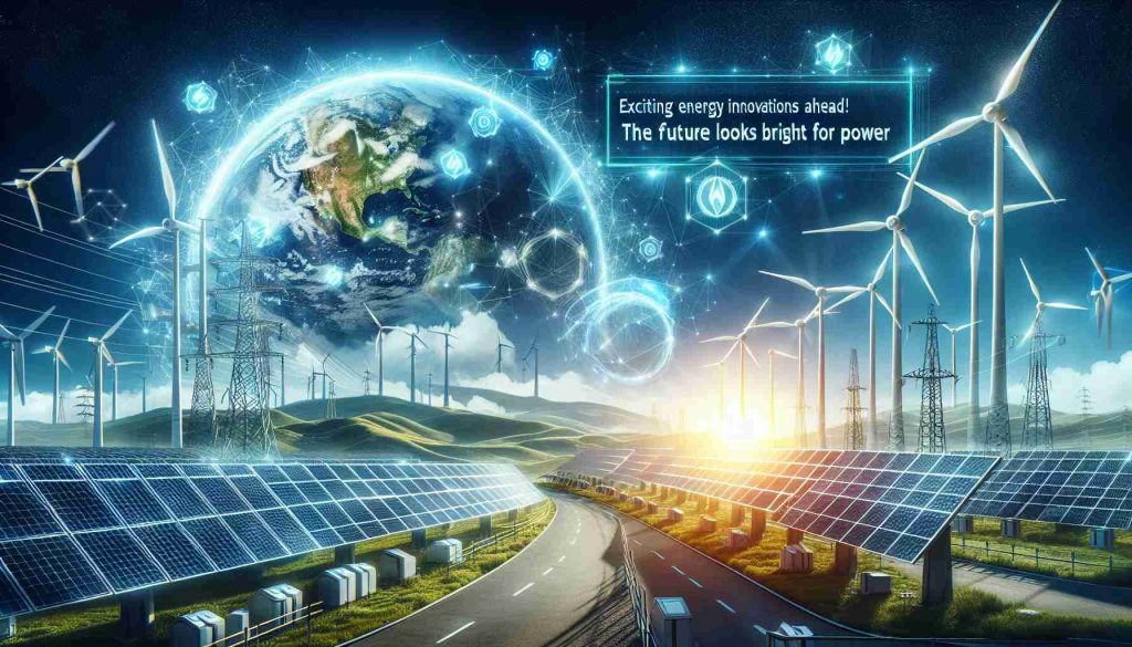 Create a realistic high-definition image depicting a future filled with exciting advancements in energy innovation. This can be visualized as a combination of super modern solar panels, wind turbines, and smart grids under clear, bright skies, signifying the advent of a bright and efficient power sector for our planet. Additionally, a 'Exciting Energy Innovations Ahead! The Future Looks Bright for Power' banner must be displayed prominently in the scene.