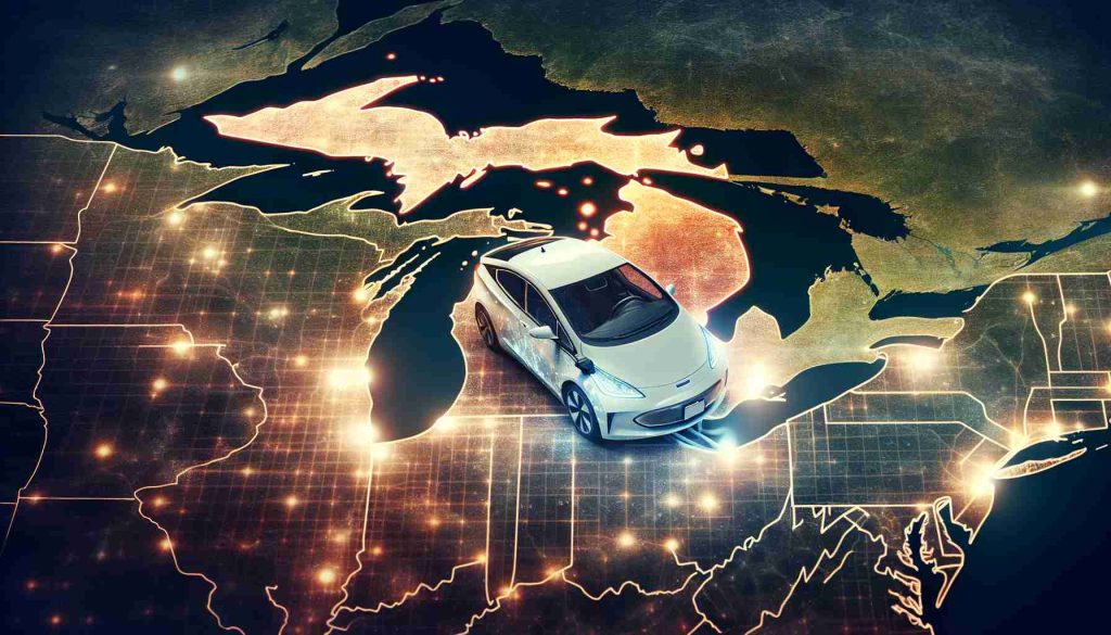 A high-definition, realistic image showcasing the increasing presence of electric vehicles in the automotive industry of Michigan. The image includes hints of the state's notable landmarks or features indicating its geography. It could also hint at the growth of the new-age automotive sector through representations of modern design and technology.