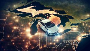 A high-definition, realistic image showcasing the increasing presence of electric vehicles in the automotive industry of Michigan. The image includes hints of the state's notable landmarks or features indicating its geography. It could also hint at the growth of the new-age automotive sector through representations of modern design and technology.