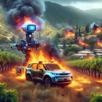 Generate a hyperrealistic, high-definition image depicting an emergency situation in Ojai. There is a car on fire, surrounded by greenery typical of the area. A futuristic, AI-driven firefighting vehicle is present, using advanced technology to combat the flames. The scene is both intense and heroic, showing the AI technology as capable and effective in firefighting efforts.