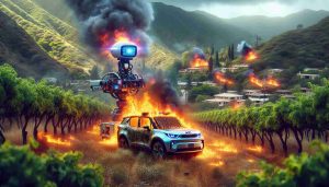 Generate a hyperrealistic, high-definition image depicting an emergency situation in Ojai. There is a car on fire, surrounded by greenery typical of the area. A futuristic, AI-driven firefighting vehicle is present, using advanced technology to combat the flames. The scene is both intense and heroic, showing the AI technology as capable and effective in firefighting efforts.