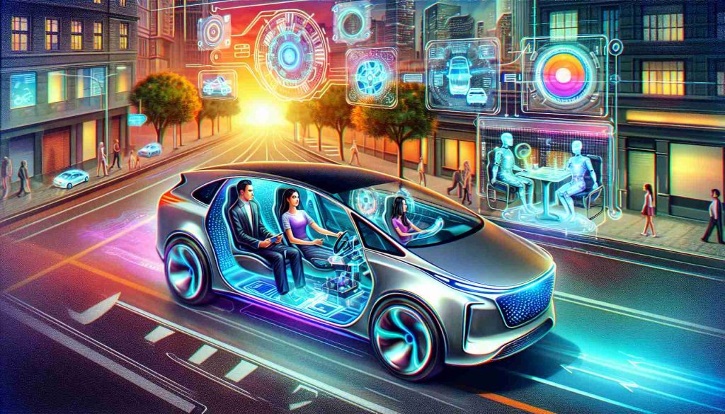 A vivid, high-definition illustration showcasing the revolution in driving technology. The image should depict an advanced, futuristic car with state-of-the-art hands-free technology. Inside the car, a diverse mix of individuals, perhaps a Caucasian female driver and a Black male passenger, can be seen engaging in conversation or other activities, completely free of driving duties. Outside of the car, digital screens or holographic interfaces display various autonomous driving systems in operation. The wider scene might hint at a city landscape embracing smart technology, with modern buildings and structures. The overall tone should be optimistic, touting the future of autonomous automotive technology.