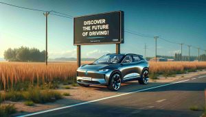 High-definition realistic image of a modern, stylish electric SUV parked in an open field. The vehicle showcases the marvel of cutting-edge technology with its sleek design, glossy body and advanced features. Ahead of the SUV is a signpost displaying the text 'Discover the Future of Driving!' in bold, eye-catching letters. The surrounding scenery is serene with a blue sky overhead, indicating a bright and sustainable future of driving. This future is represented by the electric SUV, indicating the progress of automotive industry towards environmental friendliness.