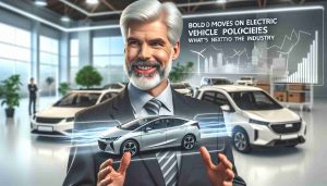 A high definition, realistic image of a mature adult male politician with an expressive demeanor, engaging in policies related to electric vehicles. Depict an array of electric cars in the background to signify the context. Also display a caption reading 'Bold Moves on Electric Vehicle Policies! What's Next for the Industry?' to suggest the theme of the image.