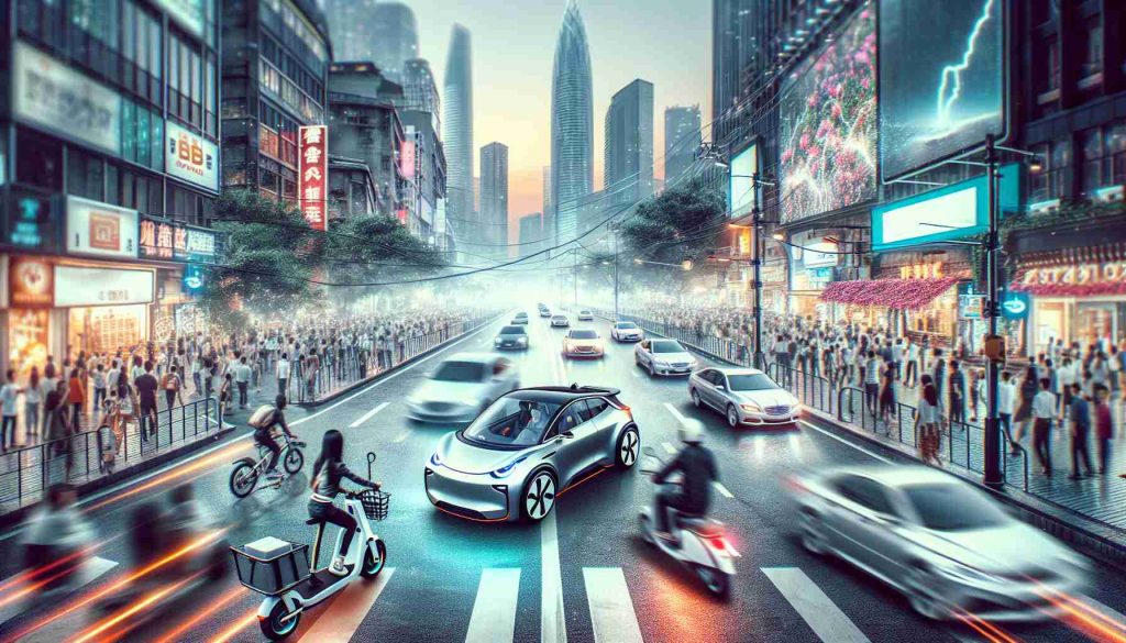 Create a high-definition realistic image that represents the concept of 'Revolution on Wheels'. This should illustrate the idea of an electric future in transportation. It may include electric vehicles like cars, bikes, and scooters on a busy city street bustling with energy and anticipation. Add text layers that say 'Revolution on Wheels! Is the Electric Future Here? Get Ready'.