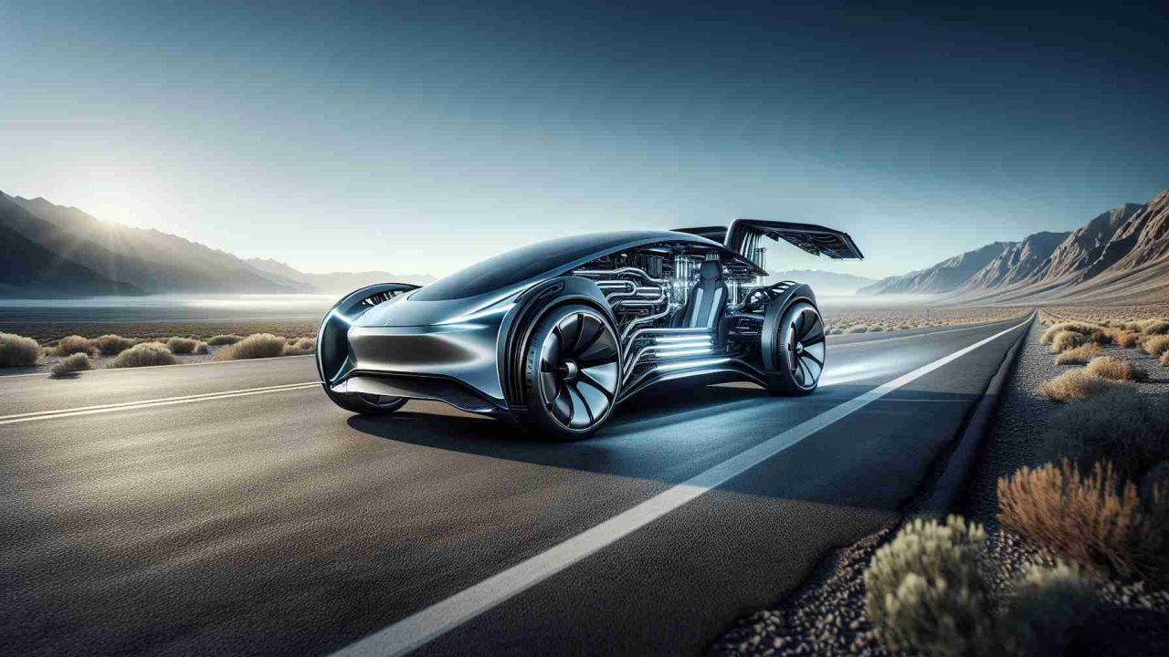 Generate a high-definition, realistic image of an innovative and revolutionary electric car that breaks all conventional expectations. The car has an incredibly impressive range, enticing enough to evoke disbelief and astonishment. The design is futuristic, optimally aerodynamic for efficient energy consumption, and embodies modern technology advancements. The car is parked on an open road under clear skies, with mountains at the far end, indicating the great distance it's capable of covering.