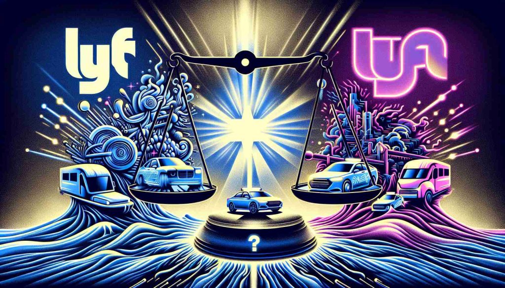 High-definition illustration showcasing a symbolic representation of the ongoing rivalry among autonomous vehicles. In the center of the image, portray a shining emblem that inextricably links to Lyft, symbolically represented by a boat navigating turbulent waters. On either side, there are abstract representations of competitor vehicles or entities, trying to establish their territories. Also, a scale teetering between the words 'thrive' and 'survive' under a question mark, representing the uncertainty of Lyft's future in the industry.