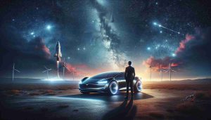 An ultra-realistic high-definition image that portrays the next chapter in automotive innovation – space travel. It features an anonymous, inspirational entrepreneur standing next to a futuristic electric car under a night sky filled with twinkling stars. This visually stunning scene captures the essence of exploration and human achievement, symbolizing the mind-blowing companionship of automobiles and outer space.