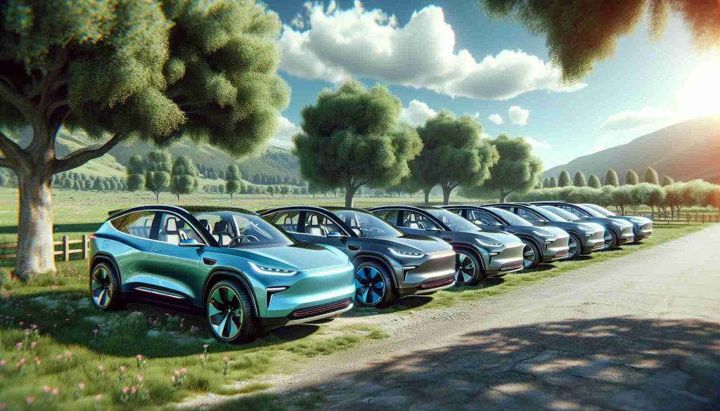 A high-definition realistic image displaying several electric SUVs (Sport Utility Vehicles) parked together in a row. They have a modern and sleek design showcasing the latest technology. Each one gleams under the sun, highlighting their vibrant paint jobs. The backdrop is a serene outdoor environment with lush green trees and a blue sky with fluffy clouds. An amazing sight that showcases the marvels of green technology.