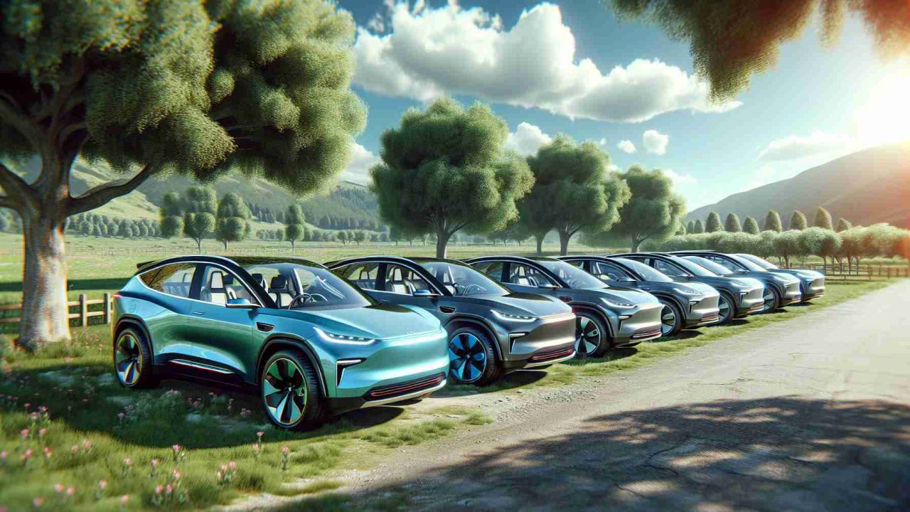 A high-definition realistic image displaying several electric SUVs (Sport Utility Vehicles) parked together in a row. They have a modern and sleek design showcasing the latest technology. Each one gleams under the sun, highlighting their vibrant paint jobs. The backdrop is a serene outdoor environment with lush green trees and a blue sky with fluffy clouds. An amazing sight that showcases the marvels of green technology.