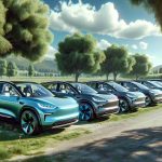 A high-definition realistic image displaying several electric SUVs (Sport Utility Vehicles) parked together in a row. They have a modern and sleek design showcasing the latest technology. Each one gleams under the sun, highlighting their vibrant paint jobs. The backdrop is a serene outdoor environment with lush green trees and a blue sky with fluffy clouds. An amazing sight that showcases the marvels of green technology.