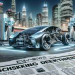 High-definition realistic image showcasing a recent shocking development in the electric vehicle industry. The scene includes an up-close view of an avant-garde, futuristic electric car with intricate engineering features visible, and a backdrop of a cityscape brimming with charging stations. Newspaper headlines in the foreground may hint at the breakthrough, perhaps something related to renewable energy or groundbreaking battery life.