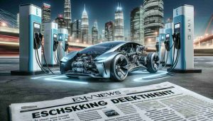 High-definition realistic image showcasing a recent shocking development in the electric vehicle industry. The scene includes an up-close view of an avant-garde, futuristic electric car with intricate engineering features visible, and a backdrop of a cityscape brimming with charging stations. Newspaper headlines in the foreground may hint at the breakthrough, perhaps something related to renewable energy or groundbreaking battery life.