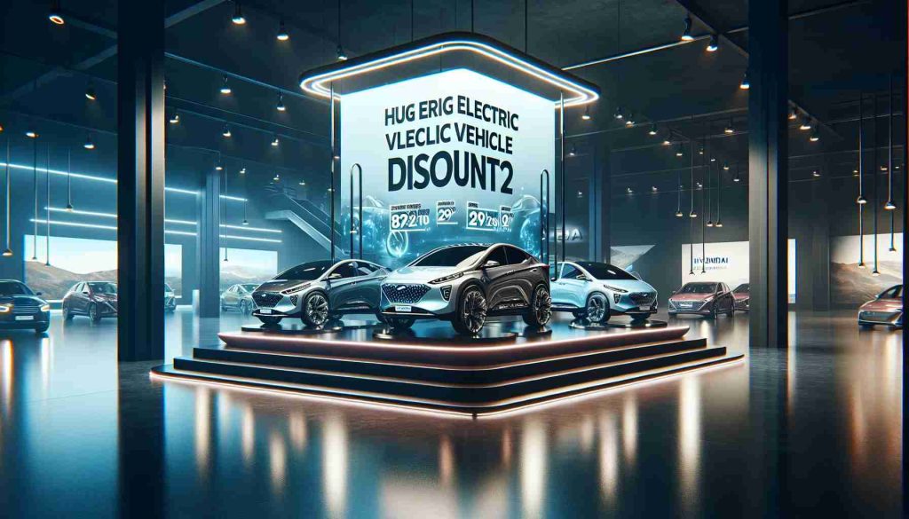 A realistic high-definition image of a promotional poster showcasing huge electric vehicle discounts that one shouldn't miss out on. The poster prominently features the newest models from Hyundai, illustrating significant savings available on these eco-friendly cars. The setting is a modern car showroom, with sleek, sophisticated lines, reflective glass, and cool lighting. Resting on grand pedestals are Hyundai's latest electric vehicles, each one shining under spotlights. High energy, bold texts emphatically announce the large discounts, enticing potential customers to make the switch to these sustainable models.